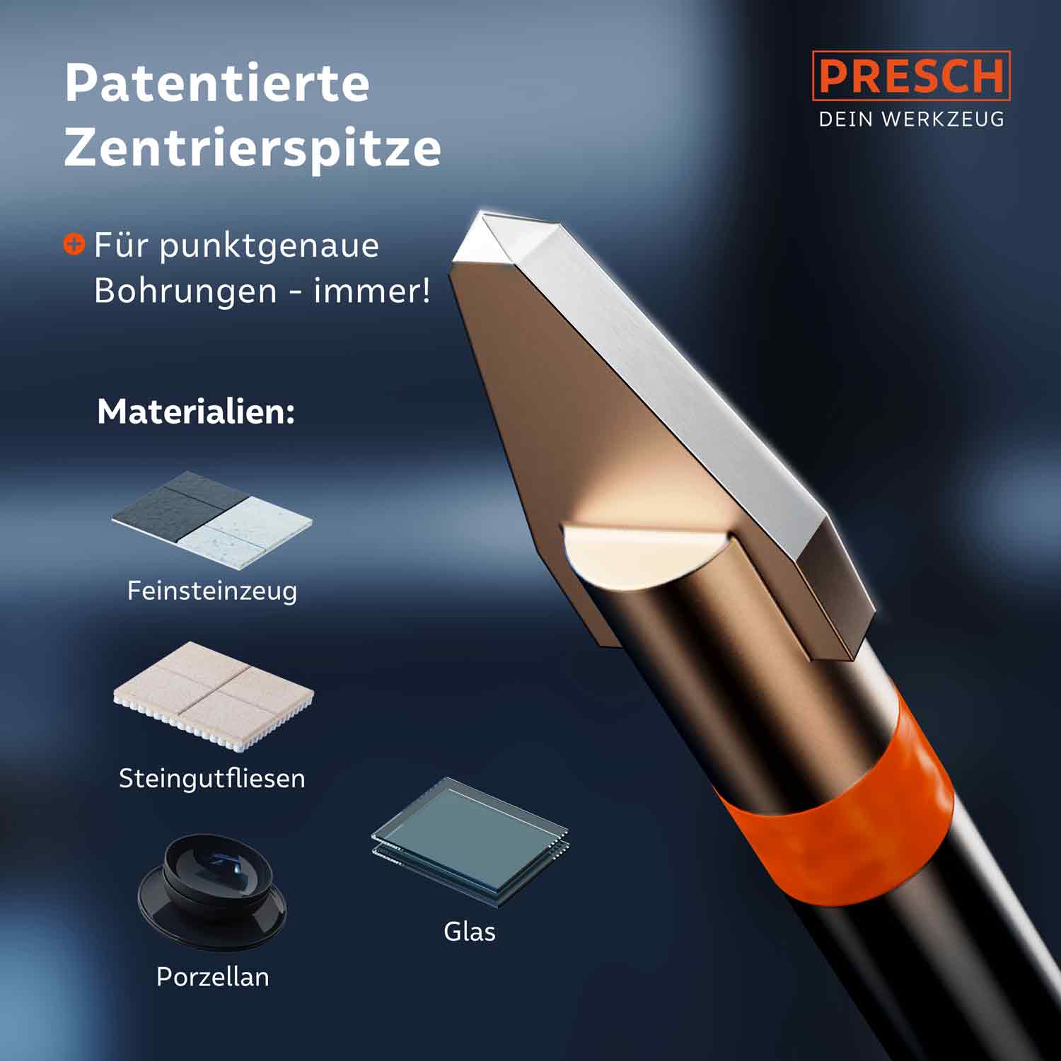 PRESCH Fliesenbohrer für Feinsteinzeug mit patentierter Zentrierspitze und Anwendungsbeispielen für Steinzeugfliesen und Glasbohrungen.