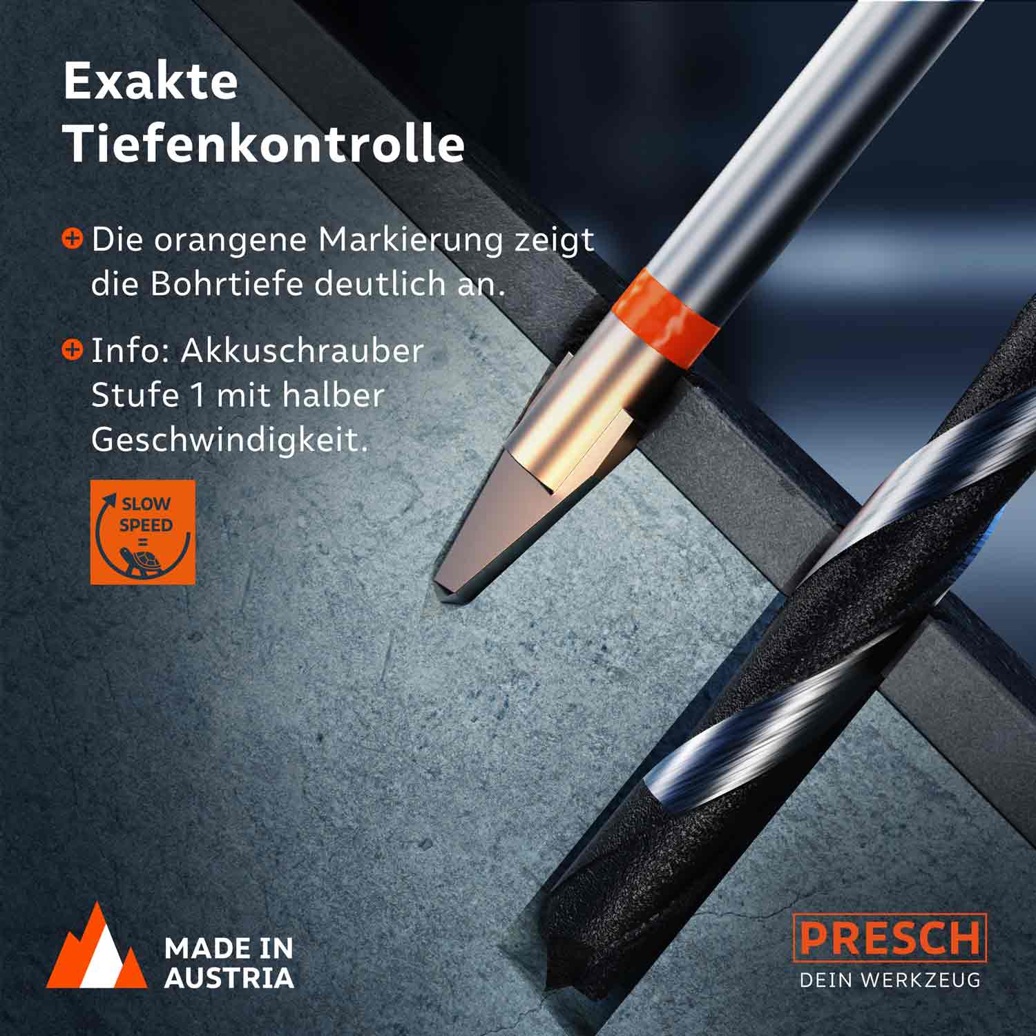 PRESCH Fliesenbohrer und Betonbohrer mit exakter Tiefenkontrolle und markanter orangener Markierung für Präzisionsarbeiten, hergestellt in Österreich.