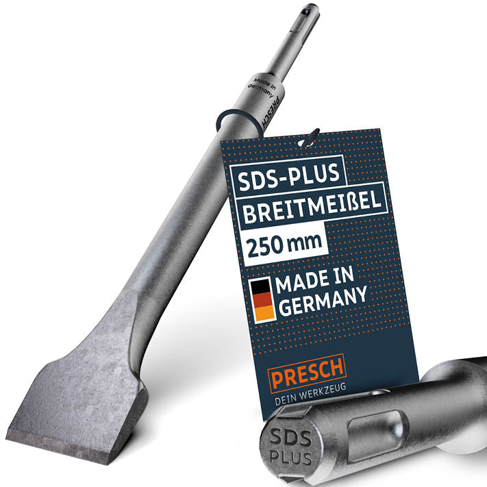 PRESCH SDS-Plus Breitmeißel 250mm mit Produktverpackung, Flachmeißel und Meißelwerkzeug für Bauarbeiten