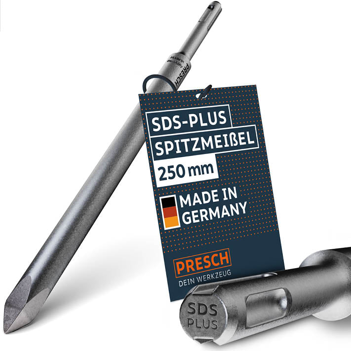 PRESCH SDS-Plus Spitzmeißel 250mm für Bohrhammer, Meißelwerkzeug mit scharfer Spitze und Verpackung.