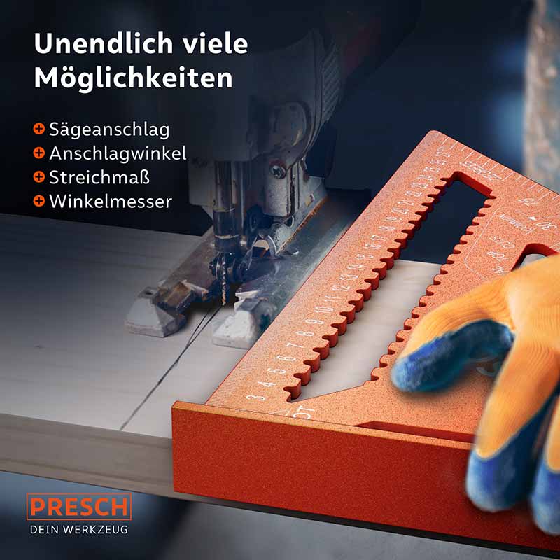 PRESCH Zimmermannswinkel 300mm mit Notizfläche und Griff, verwendet als Anschlagwinkel und Streichmaß in der Holzbearbeitung.