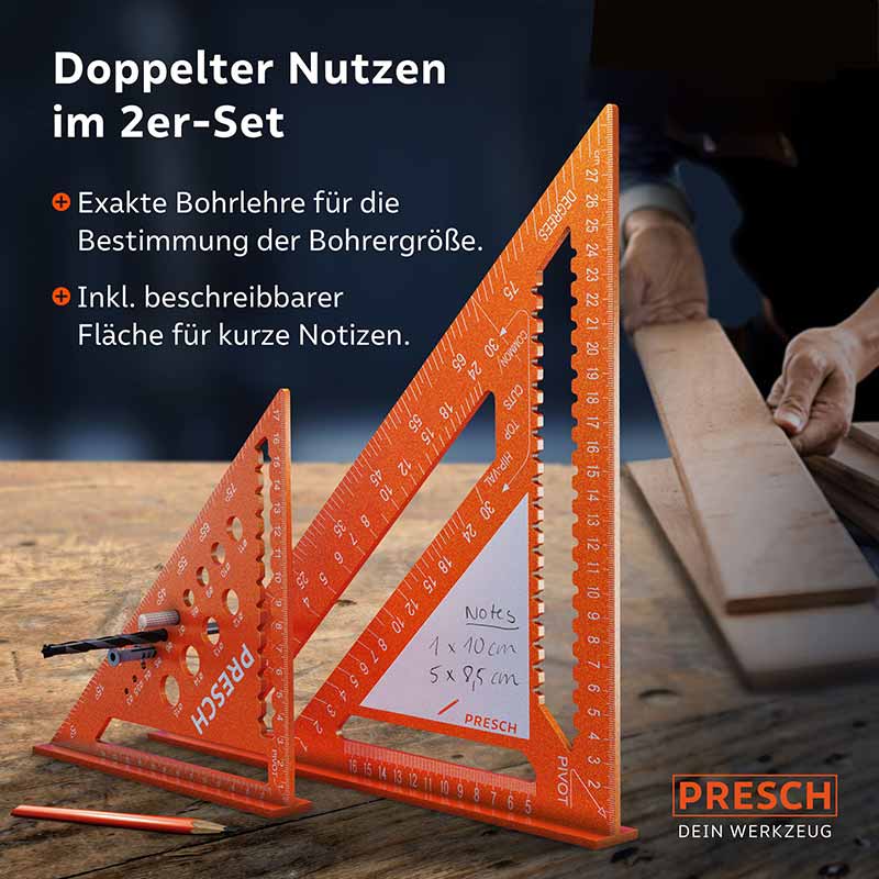 PRESCH Zimmermannswinkel-Set mit 180mm und 300mm Größe, einschließlich Markierungs- und Messfunktionen für Holzbearbeitung.