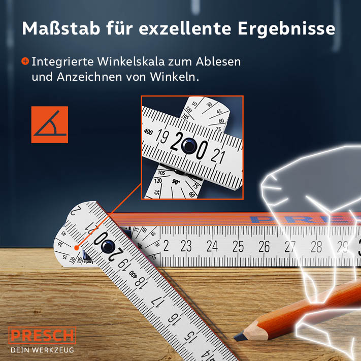 PRESCH Zollstock 3m orange mit integrierter Winkelskala und Messwerkzeug auf Holzoberfläche
