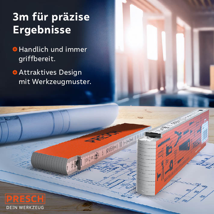 PRESCH Zollstock 3m in Orange für genaue Messungen und Markierungen auf Bauplänen, ergänzt durch weitere Handwerkzeuge.
