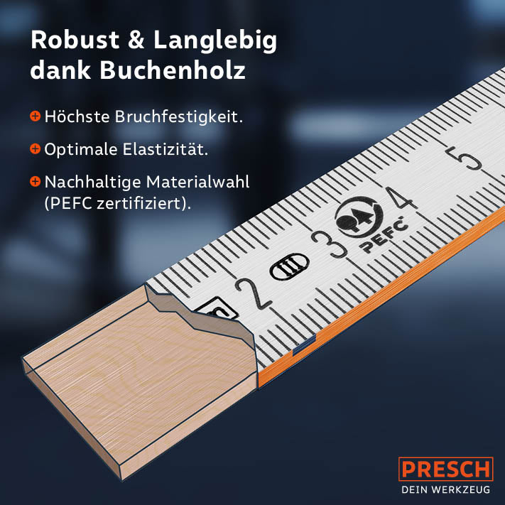 PRESCH Zollstock 3m in Orange, dargestellt als stabiles und langlebiges Messwerkzeug aus Buchenholz.
