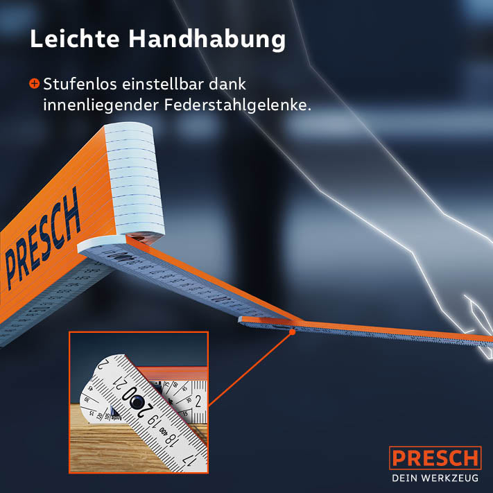 PRESCH Zollstock 3m in Orange mit einfacher Handhabung und stufenlos einstellbaren Gelenken, Maßstab zur präzisen Messung