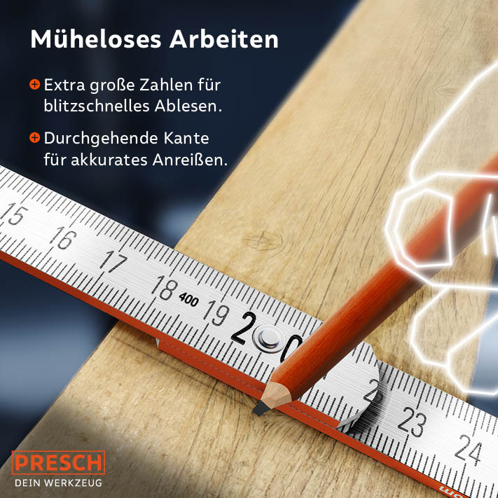 "PRESCH Zollstock 3m in Orange, ausziehbar, mit gut sichtbaren Ziffern und Messskala für präzise Messarbeiten."
