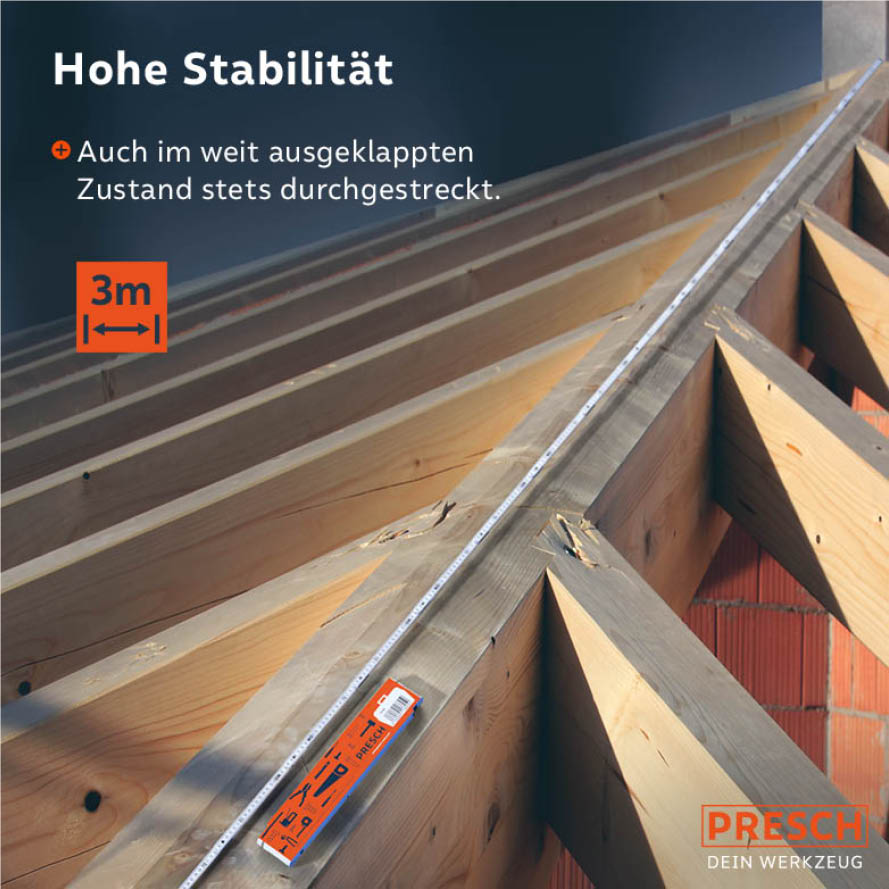 PRESCH Zollstock 3m in Orange ausgeklappt auf Holzkonstruktion, Maßstab und Messwerkzeug im Einsatz