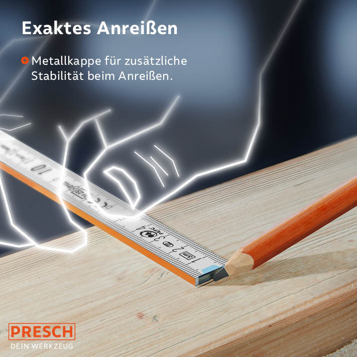 PRESCH Zollstock 3m in Orange für exaktes Messen und Anzeichnen auf Holzoberfläche, inklusive Metallkappe für Stabilität.