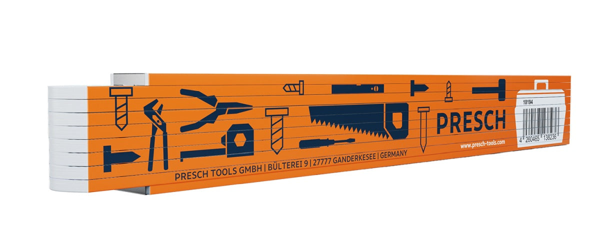 2m Zollstock von Presch mit bedruckten Werkzeug-Illustrationen und Maßeinheitenskalierung