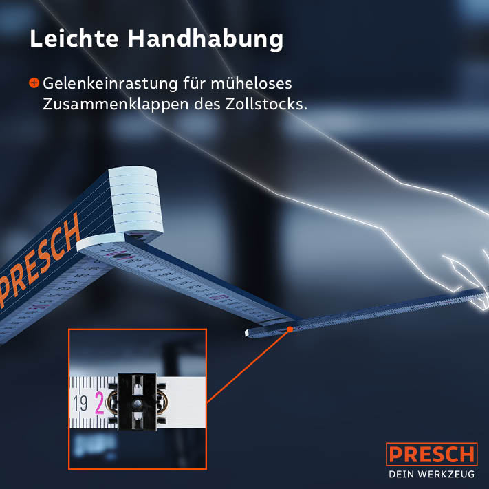 PRESCH Zollstock 2m mit Gelenkeinrastung und leichter Handhabung für präzise Messaufgaben.