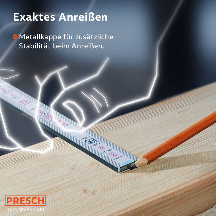 PRESCH Zollstock 2m für präzise Messungen und Markierungen, mit Metallkappe für Stabilität, auf Holzuntergrund neben Bleistift.