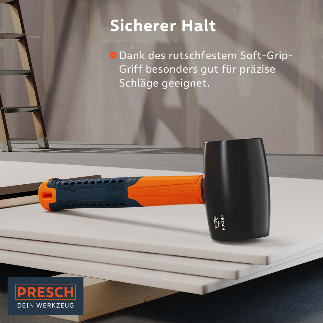 Gummihammer von Presch mit rutschfestem Griff auf einer Arbeitsfläche, ideal für präzises Arbeiten und schonende Schläge.