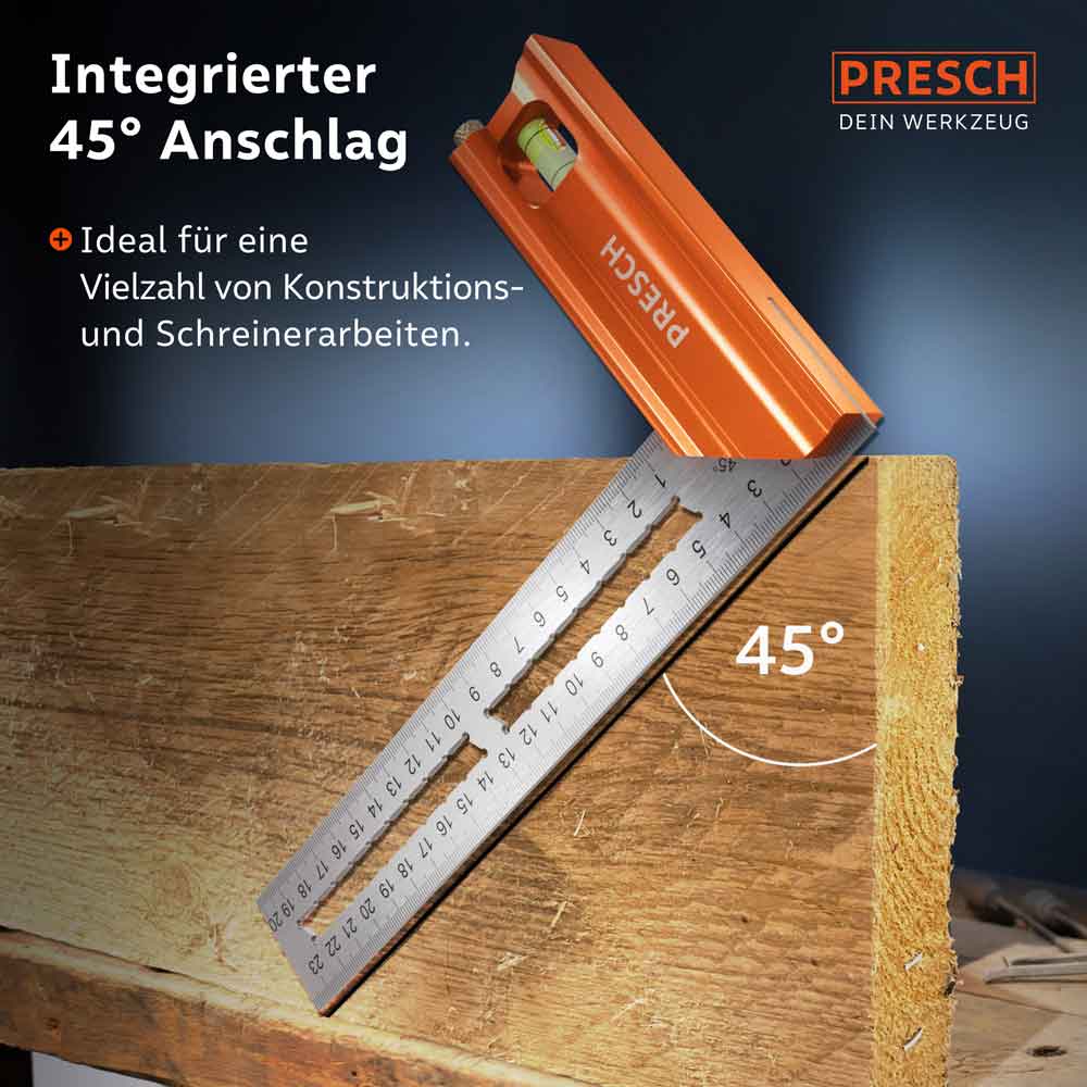 PRESCH Anschlagwinkel 200mm mit integriertem 45 Grad Winkel und Wasserwaage auf Holzoberfläche für präzise Mess- und Markierungsarbeiten in der Tischlerei.