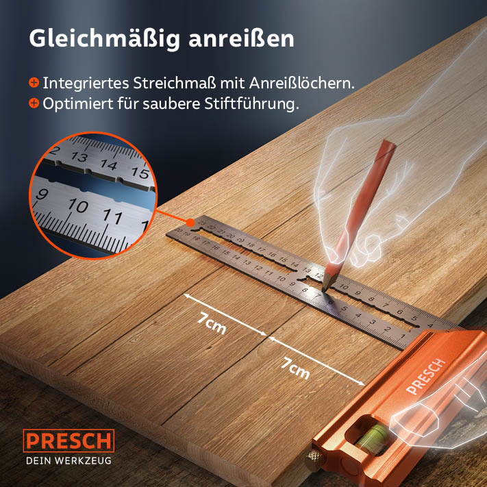 PRESCH Anschlagwinkel 200mm in Anwendung mit Markierungsfunktion und integriertem Streichmaß auf Holzoberfläche.