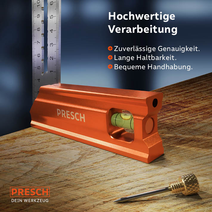 PRESCH Anschlagwinkel 200mm aus Metall mit Wasserwaage und Präzisionsgravur auf Holztisch