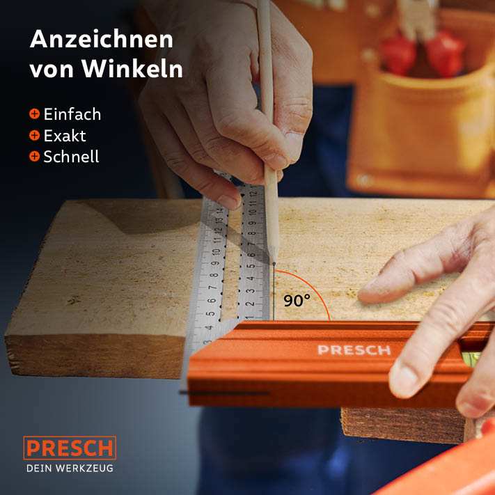 Anschlagwinkel 200mm von PRESCH zum präzisen Anzeichnen und Messen von Winkeln, Zimmermannswinkel in Anwendung auf Holz.