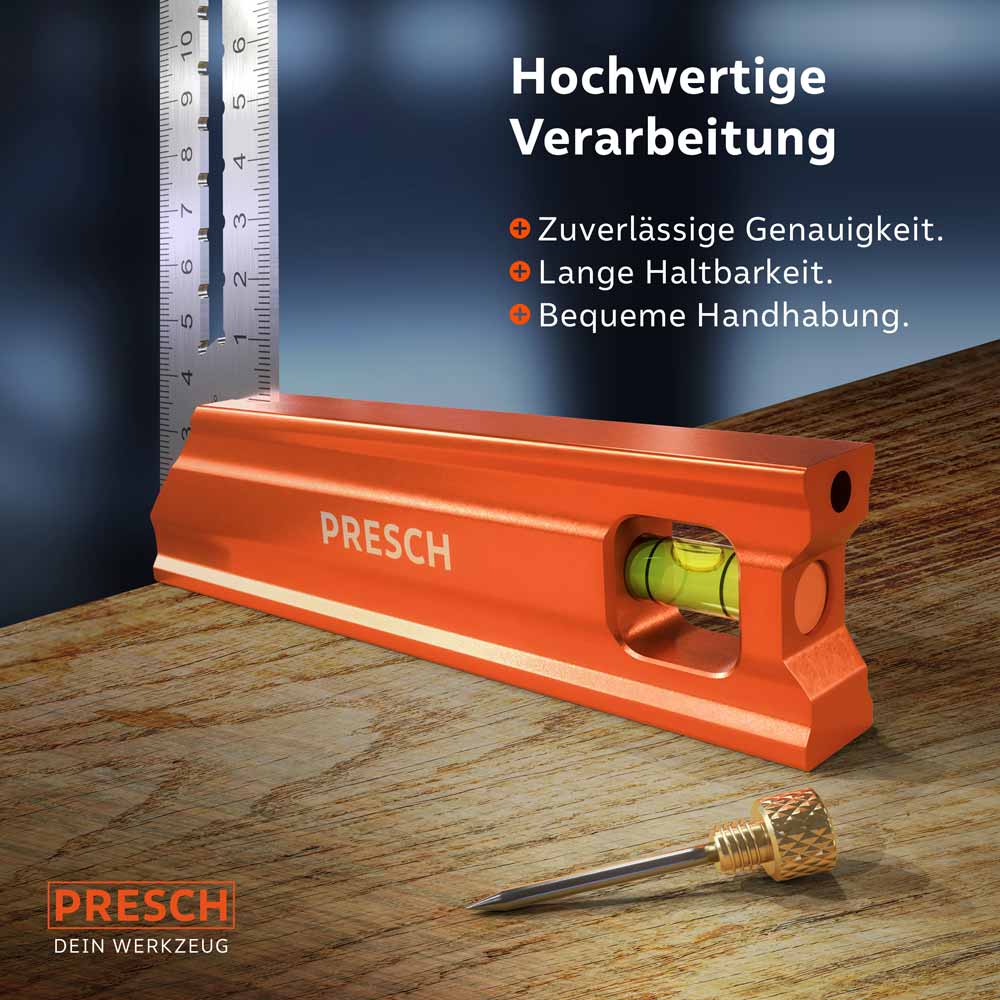 PRESCH Anschlagwinkel 250mm in Orange zur präzisen Messung und Markierung auf Holzoberfläche mit integrierter Wasserwaage und Schraubenzieher