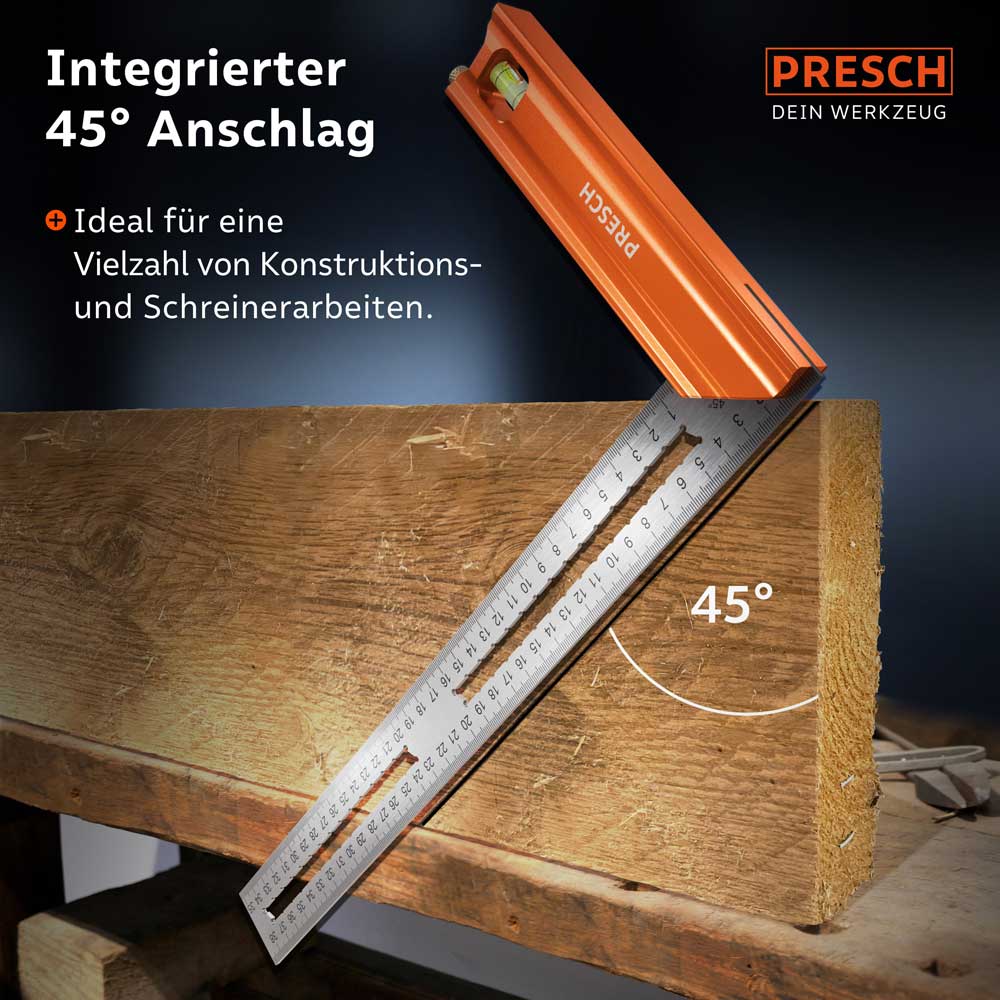 PRESCH Anschlagwinkel 350mm für präzise Messungen und Markierungen bei Tischler- und Zimmermannsarbeiten.