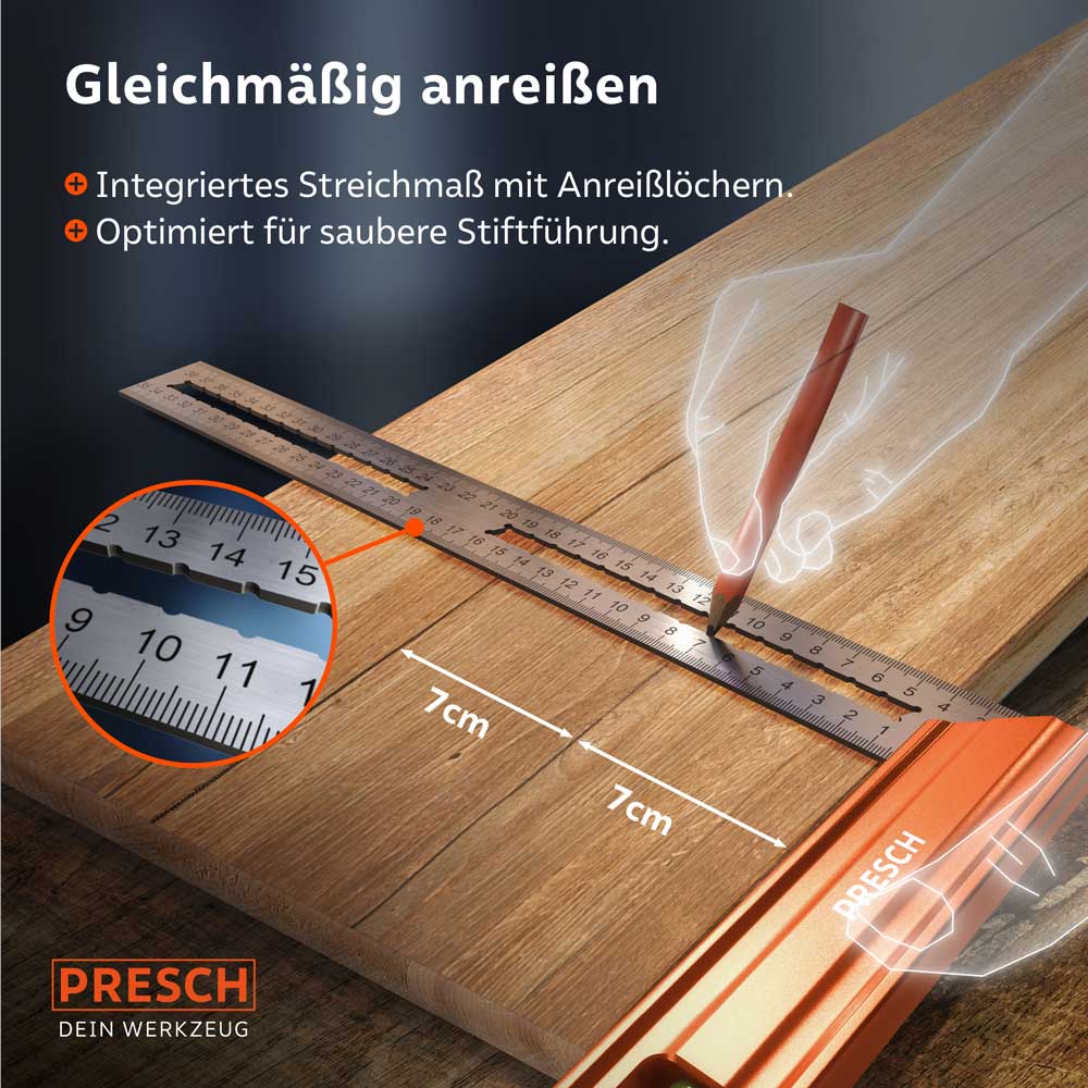 PRESCH Anschlagwinkel 350mm aus Metall auf Holz mit Skala und Anreißlöchern für präzise Markierungen.