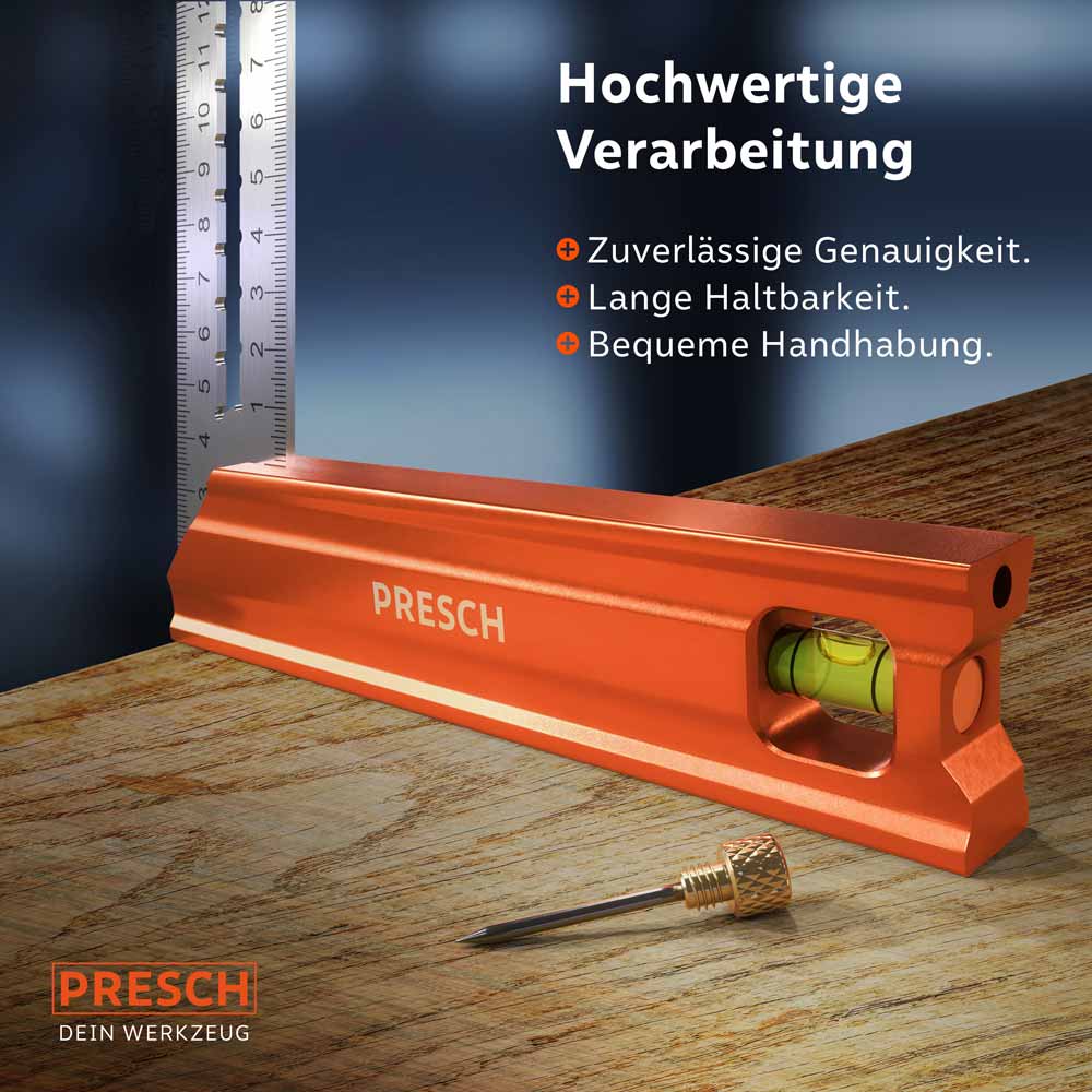 Anschlagwinkel von Presch mit 350mm Länge und Wasserwaage für präzise Messungen und Markierungen.