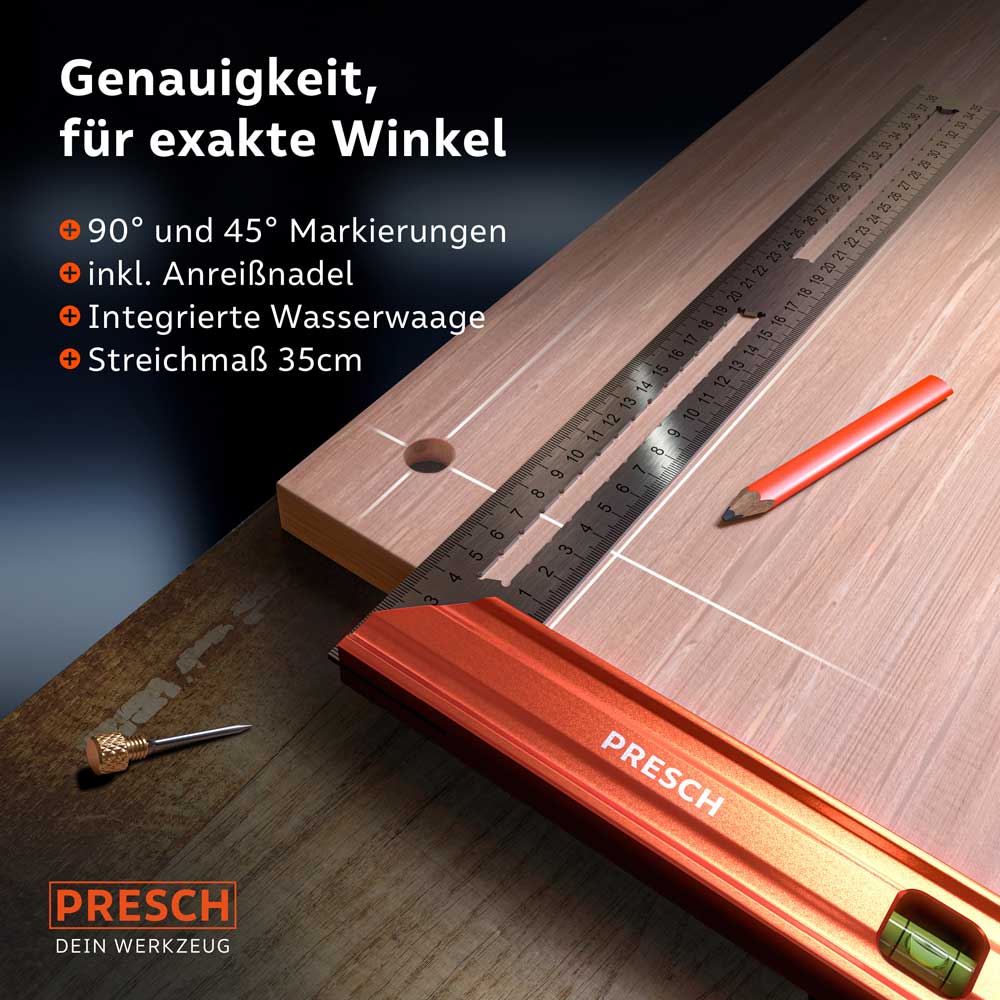 PRESCH Anschlagwinkel 350mm für präzise Winkelmessungen und Markierarbeiten, inklusive Anreißnadel und integrierter Wasserwaage.