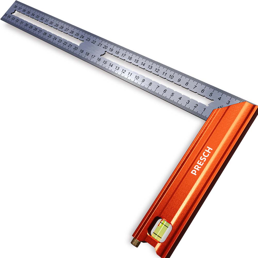 PRESCH Anschlagwinkel 350mm in Orange mit Maßeinheit und Libelle, Winkelmesser und Schreinerwinkel.