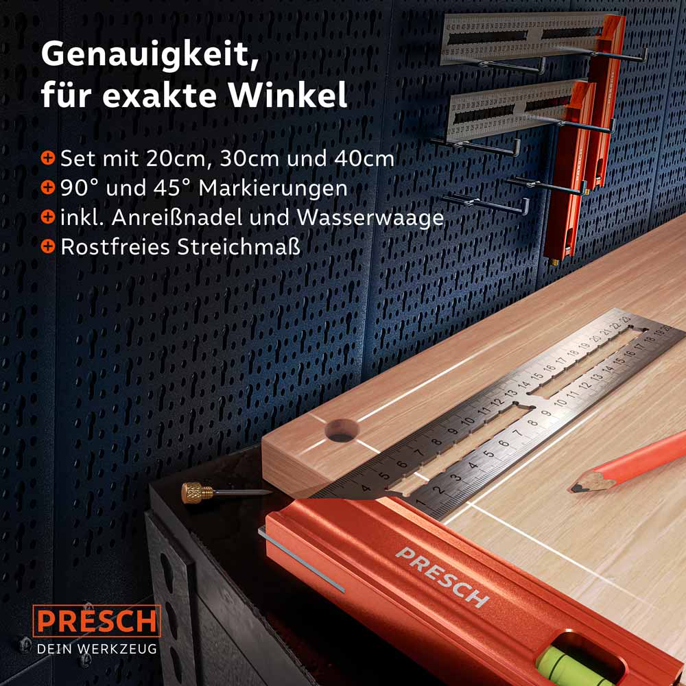 PRESCH Anschlagwinkel-Set mit verschiedenen Größen für präzise Messungen, inklusive Anreißnadel und Wasserwaage in einer Werkstattumgebung.
