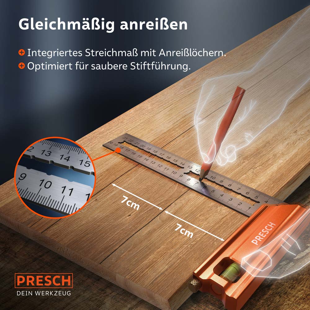 PRESCH Anschlagwinkel-Set zur präzisen Holzmarkierung mit integriertem Streichmaß und Anreißlöchern.
