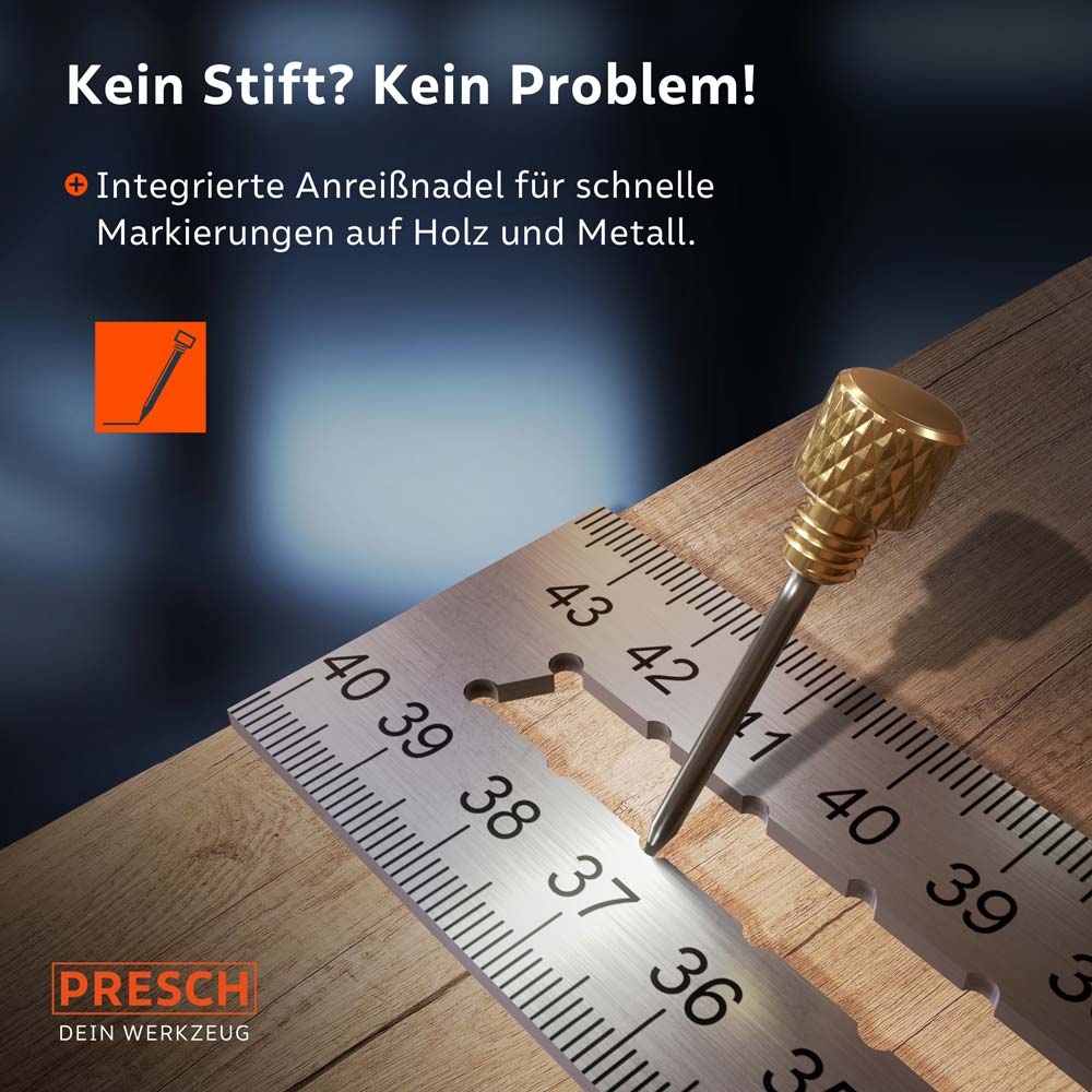 PRESCH Anschlagwinkel-Set mit integrierter Anreißnadel für präzise Markierarbeiten auf Holz und Metall.