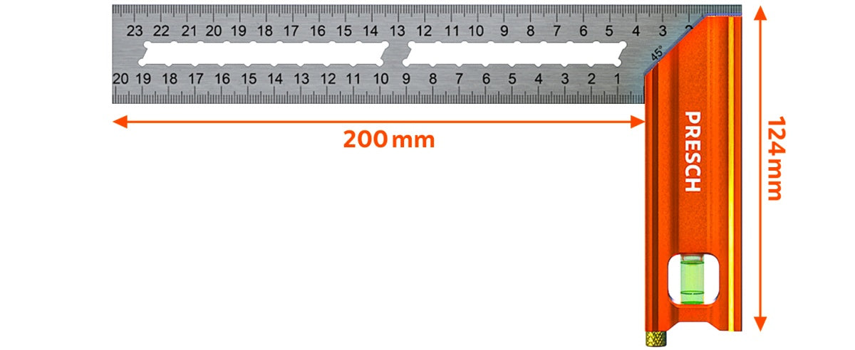 PRESCH Anschlagwinkel 200mm für präzise Messungen und Markierungen in der Holzbearbeitung und Metallarbeit.