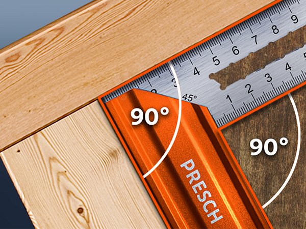 PRESCH Anschlagwinkel 250mm in Anwendung auf Holz mit Winkelgradangaben und Messskala