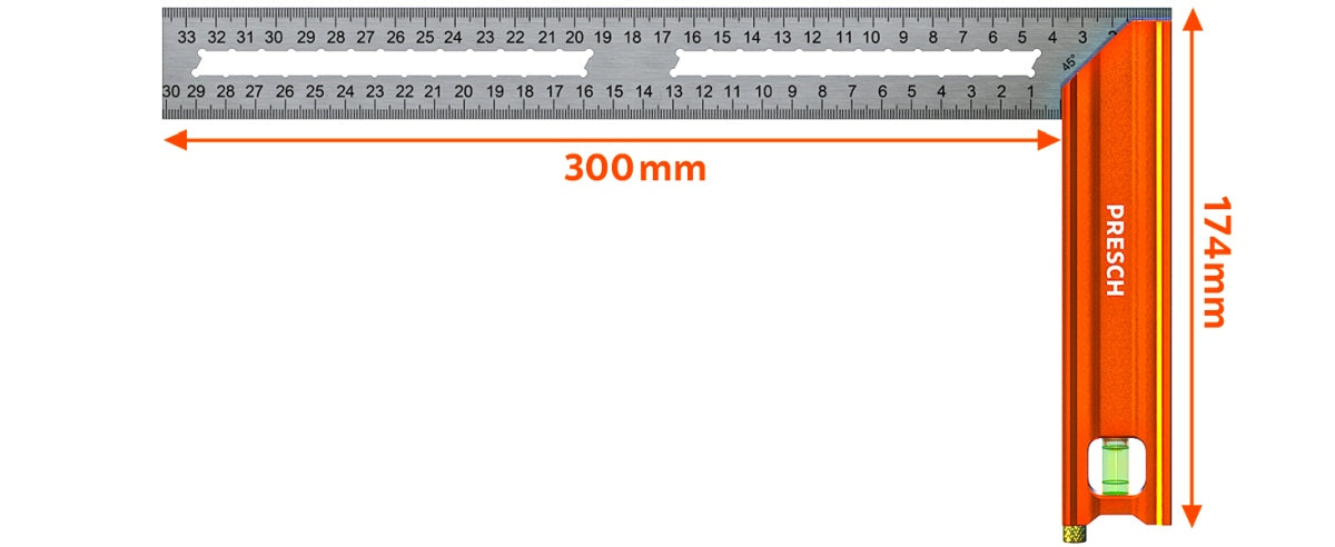 PRESCH Anschlagwinkel 300mm mit klarer Skalierung und integrierter Wasserwaage für präzise Mess- und Anreißarbeiten