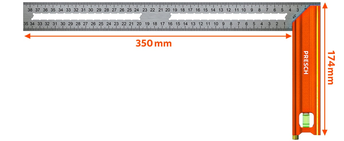 PRESCH Anschlagwinkel 350mm mit klarer Skalierung und integrierter Wasserwaage für präzise Mess- und Anreißarbeiten in der Werkstatt.