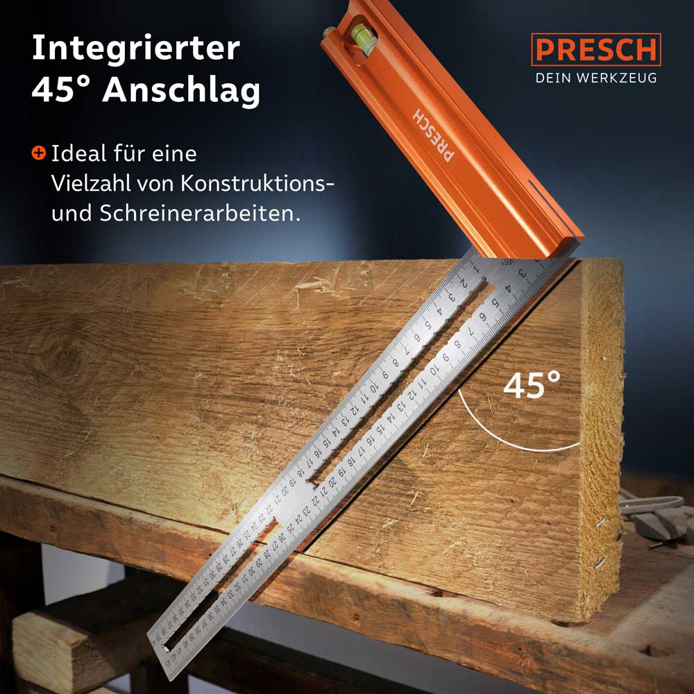 PRESCH Anschlagwinkel 400mm mit integriertem 45 Grad Winkel für präzise Holzbearbeitung und Markierungsarbeiten
