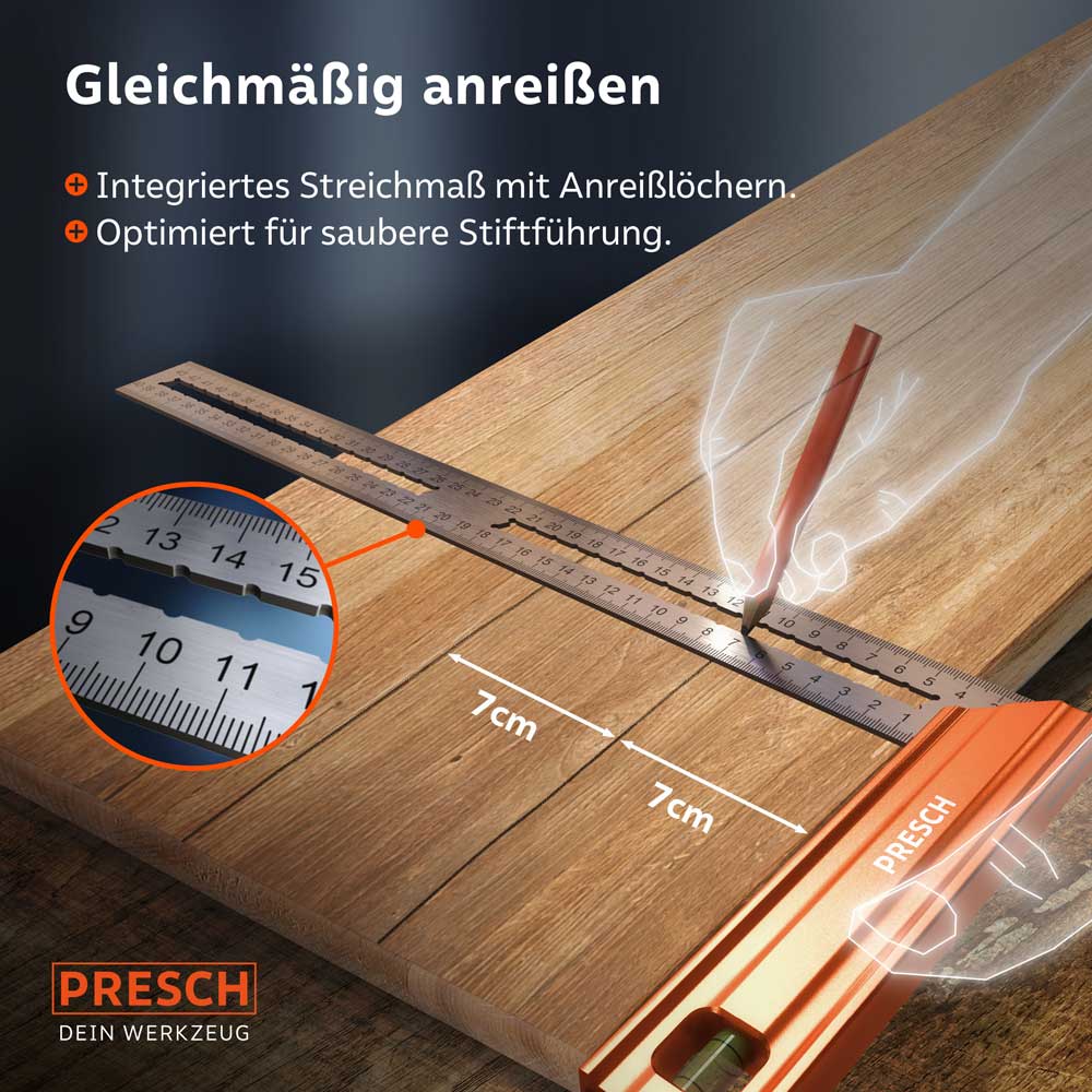 PRESCH Anschlagwinkel 400mm für exaktes Anzeichnen und Messen mit integriertem Lineal und Markierungshilfen auf Holzoberfläche