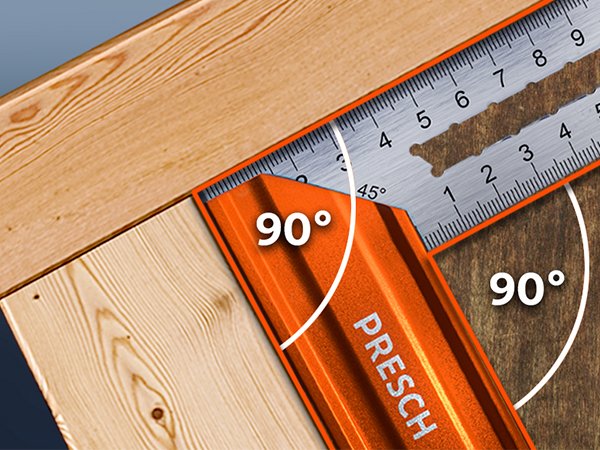 PRESCH Anschlagwinkel Set auf Holzoberfläche, Winkelmesser und Gradmesser im Einsatz