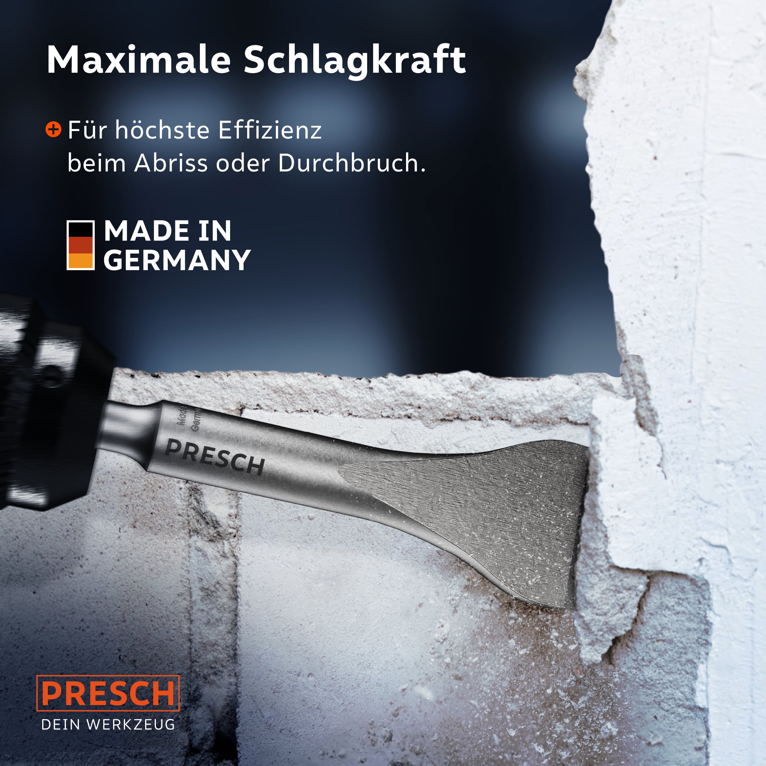 PRESCH Meißelwerkzeug mit maximaler Schlagkraft für Effizienz bei Abrissarbeiten, Qualitätsprodukt Made in Germany.