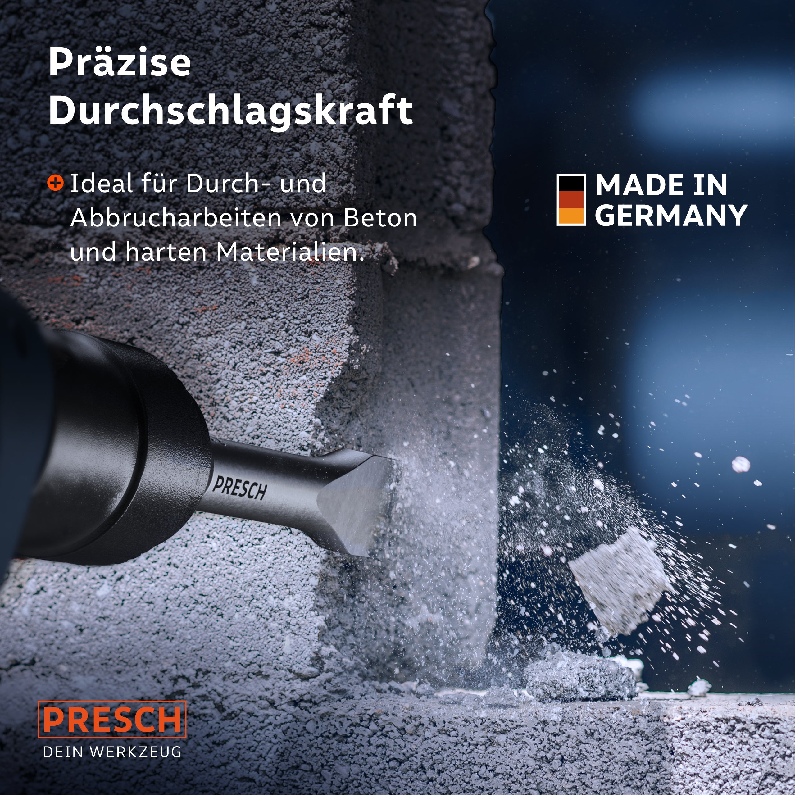Presch Werkzeug mit präziser Durchschlagskraft beim Einsatz auf Beton, Qualitätsmeißel Made in Germany.