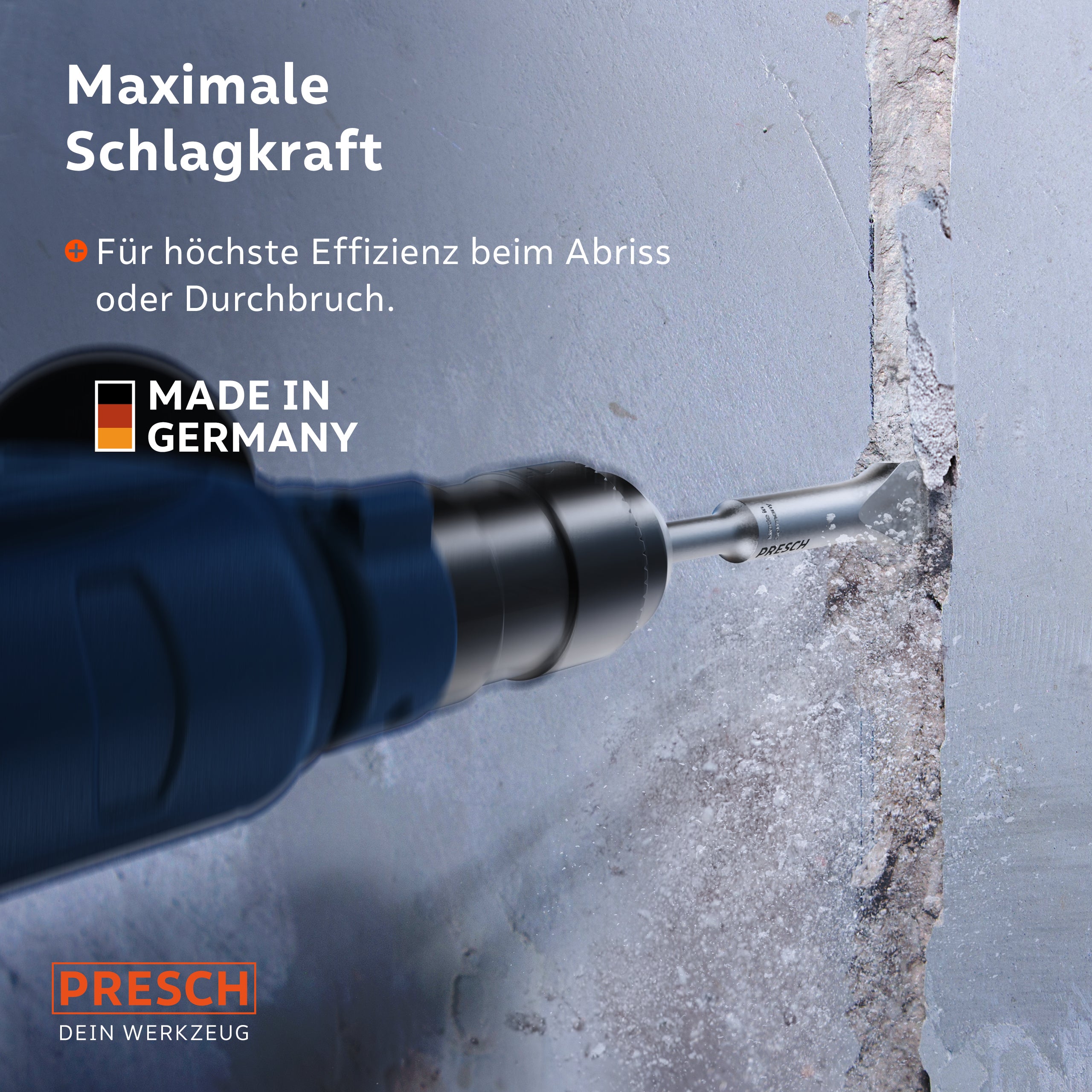 PRESCH Werkzeug mit maximaler Schlagkraft beim Abriss einer Wand, Qualitätswerkzeug Made in Germany