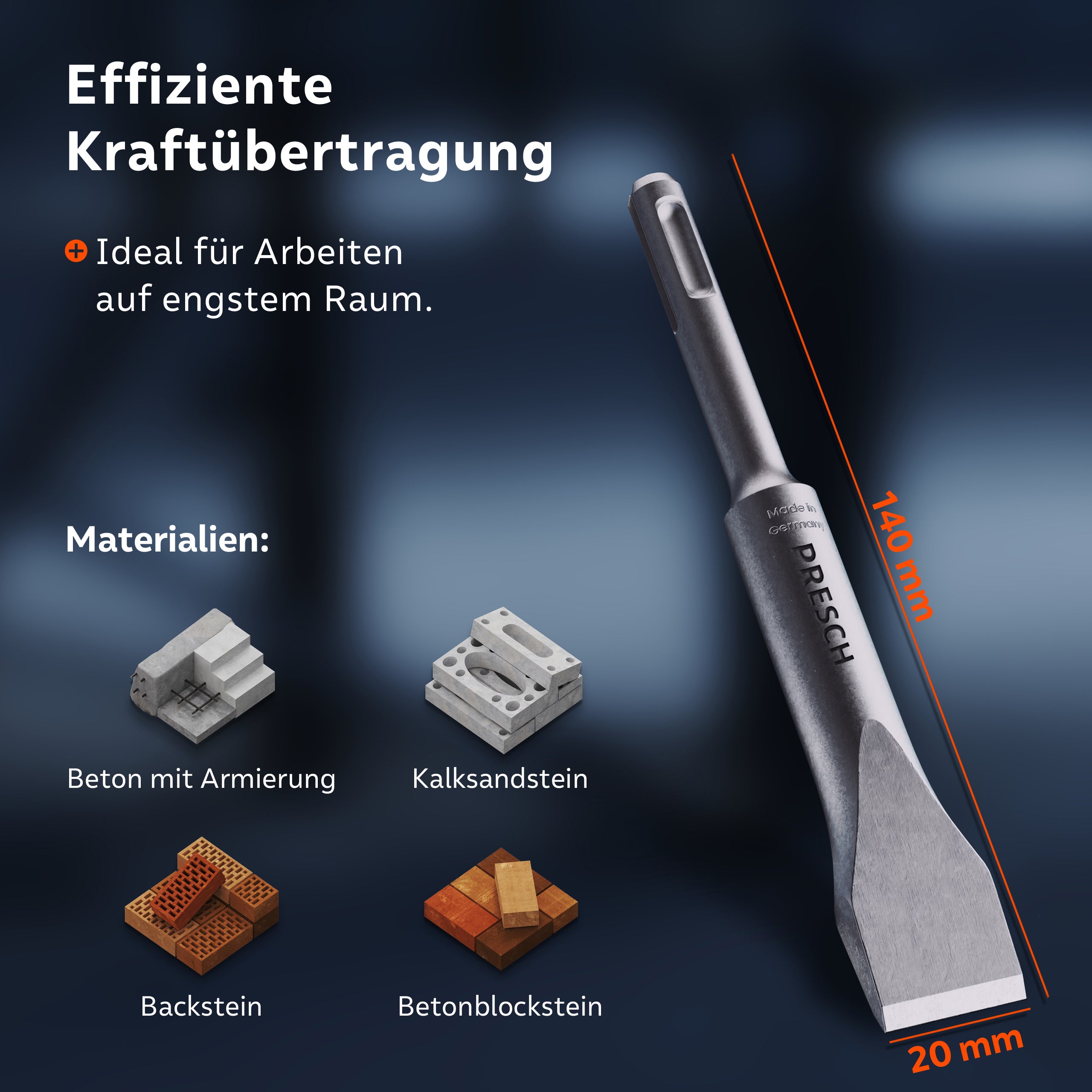 Presch Werkzeug für effiziente Kraftübertragung, ideal für Arbeiten auf engstem Raum, dargestellt neben verschiedenen Mauerwerksmaterialien.