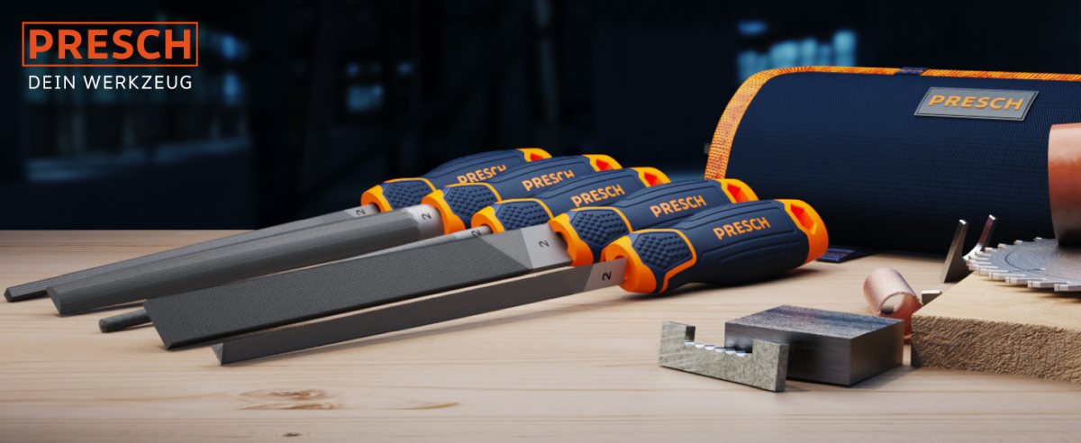 PRESCH Feilenset 5-teilig mit ergonomischen Griffen und Etui, ideal für Metallbearbeitung und Holzfeilen.