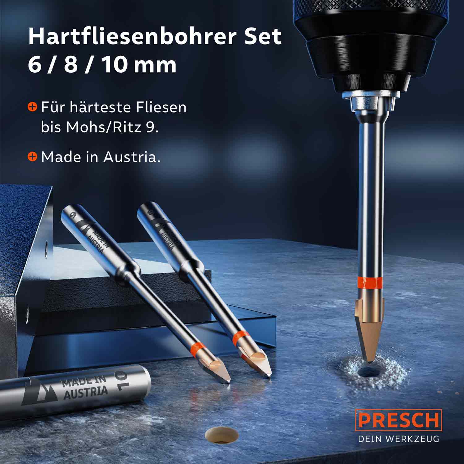 Presch Fliesenbohrer Set in verschiedenen Größen für präzises Bohren in härtesten Fliesen mit Bohrkronen- und Keramikbohrer-Designs.