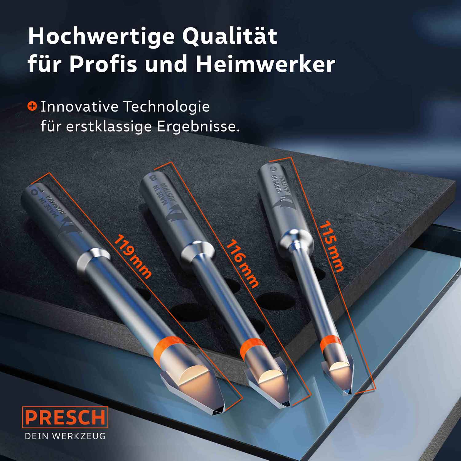 PRESCH Fliesenbohrer-Set in verschiedenen Größen für präzises Bohren in Fliesen und Hartmaterialien