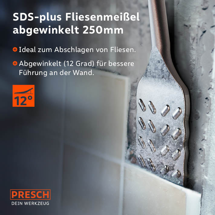 PRESCH SDS-plus Fliesenmeißel 250mm ideal für Fliesenentfernung und Wandbearbeitung.