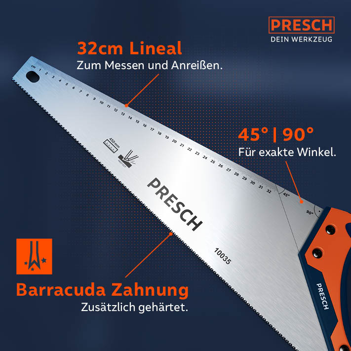 PRESCH Fuchsschwanzsäge 32cm mit gehärteter Barracuda Zahnung für präzises Schneiden und Anzeichnen.