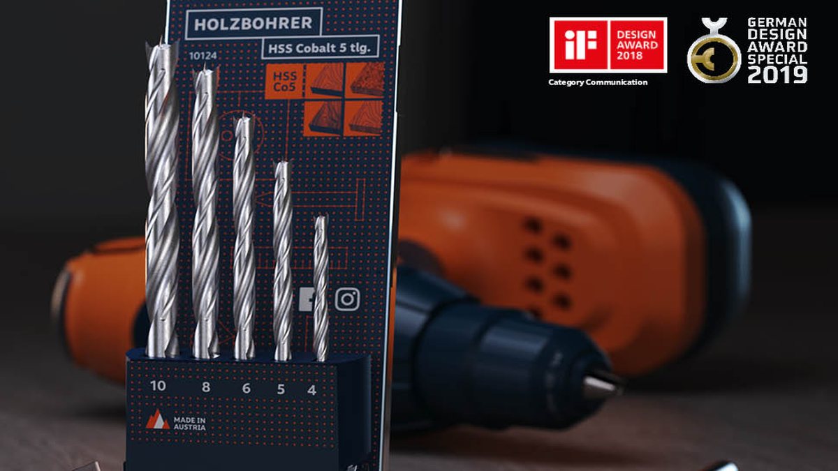 Presch Holzbohrer-Set aus HSS Cobalt, verschiedene Größen für präzises Bohren, inklusive Verpackung mit Größenangaben.