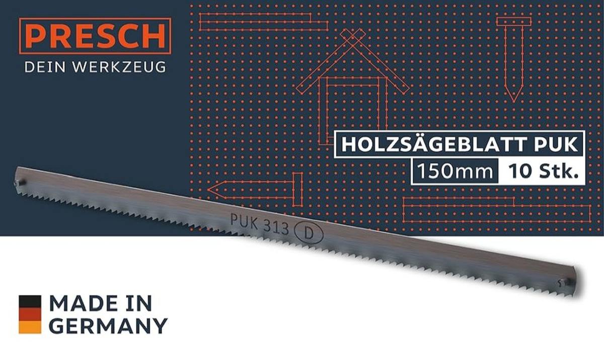 Presch Holzsägeblätter PUK 150mm vor technischem Zeichnungshintergrund, Sägeblatt, Zugsäge