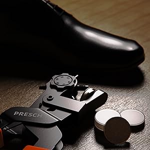 PRESCH Lochzange 3.3 mit Revolverlochzange und Stanzwerkzeug neben einem Schuh