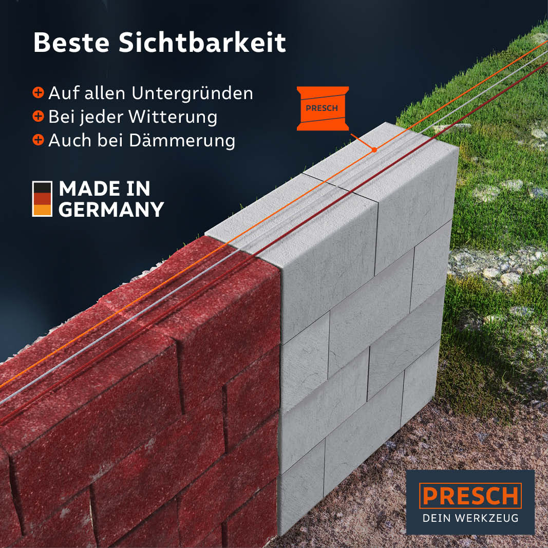 Maurerschnur von Presch für beste Sichtbarkeit auf verschiedenen Untergründen und bei jeder Witterung, auch bei Dämmerung, Made in Germany.